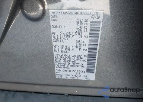 2018 Nissan Rogue Sv z USA, uszkodzony, nr VIN 5N1AT2MT4JC768331